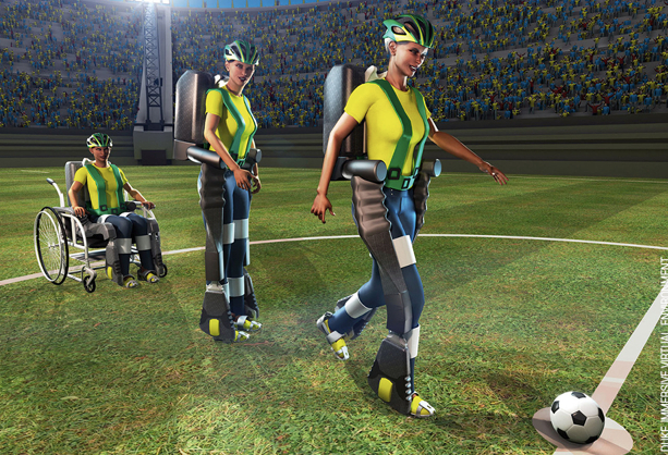 3D animation still photo of paralyzed woman in robotic bodysuit